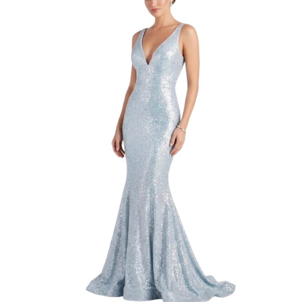 Jovani 06334 Blue and Silver Sequined Deep V-Neck Formal Mermaid Dress Size 8
